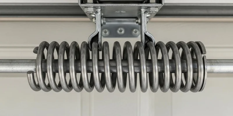 Close up of a heavy duty steel torsion spring used in residential garage doors.