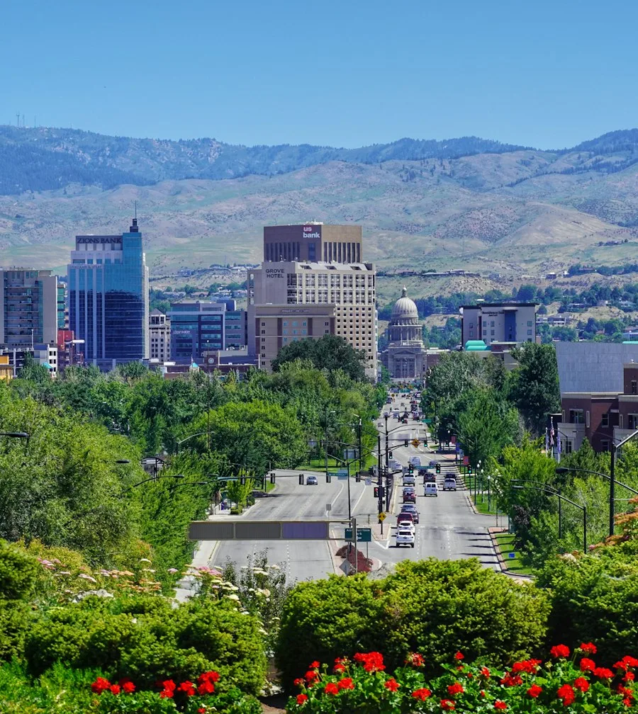 Downtown Boise, Idaho skyline under a clear blue sky